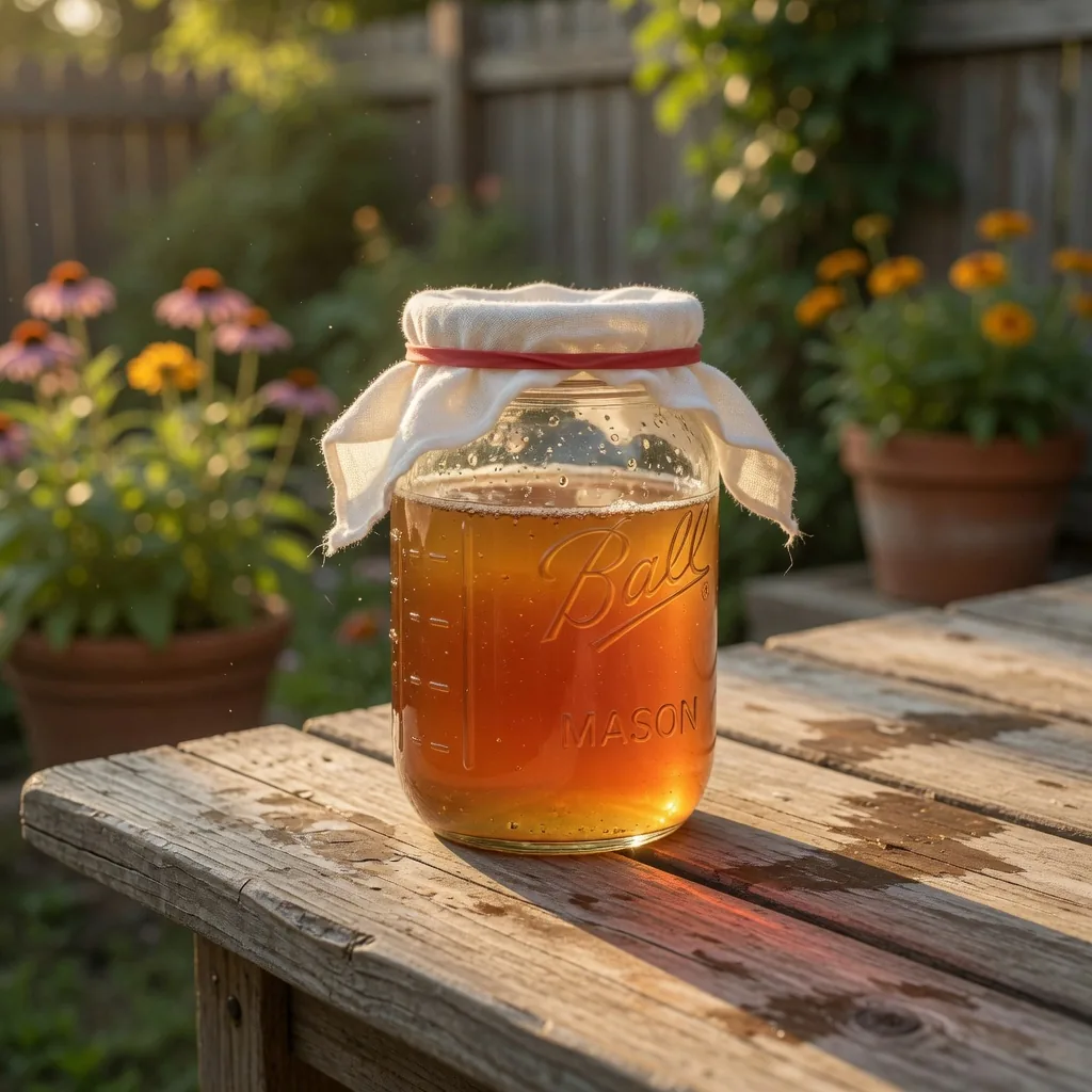 Small-batch kombucha fermenting in a glass jar on a sunlit table